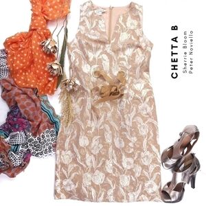 Chetta B Gold Floral Embroidered Formal Sheath Dress Sz 8